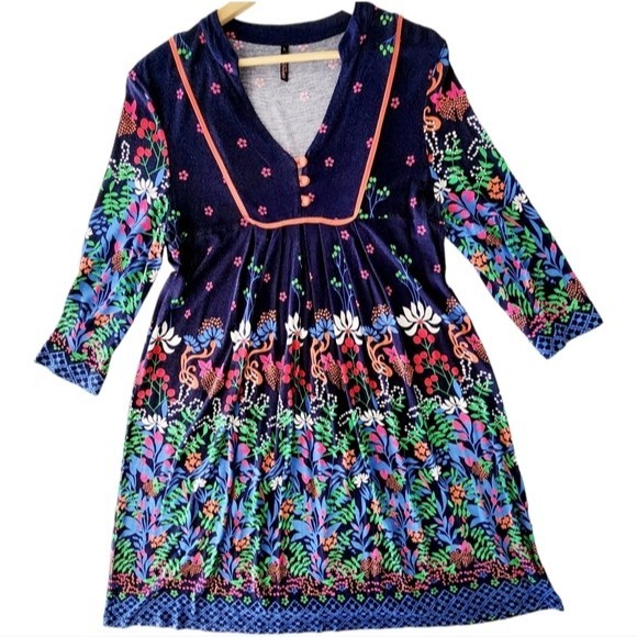 Floral Dress Australian Design Bright Colorful Floral Print on Dark Blue Sz L - Picture 2 of 8